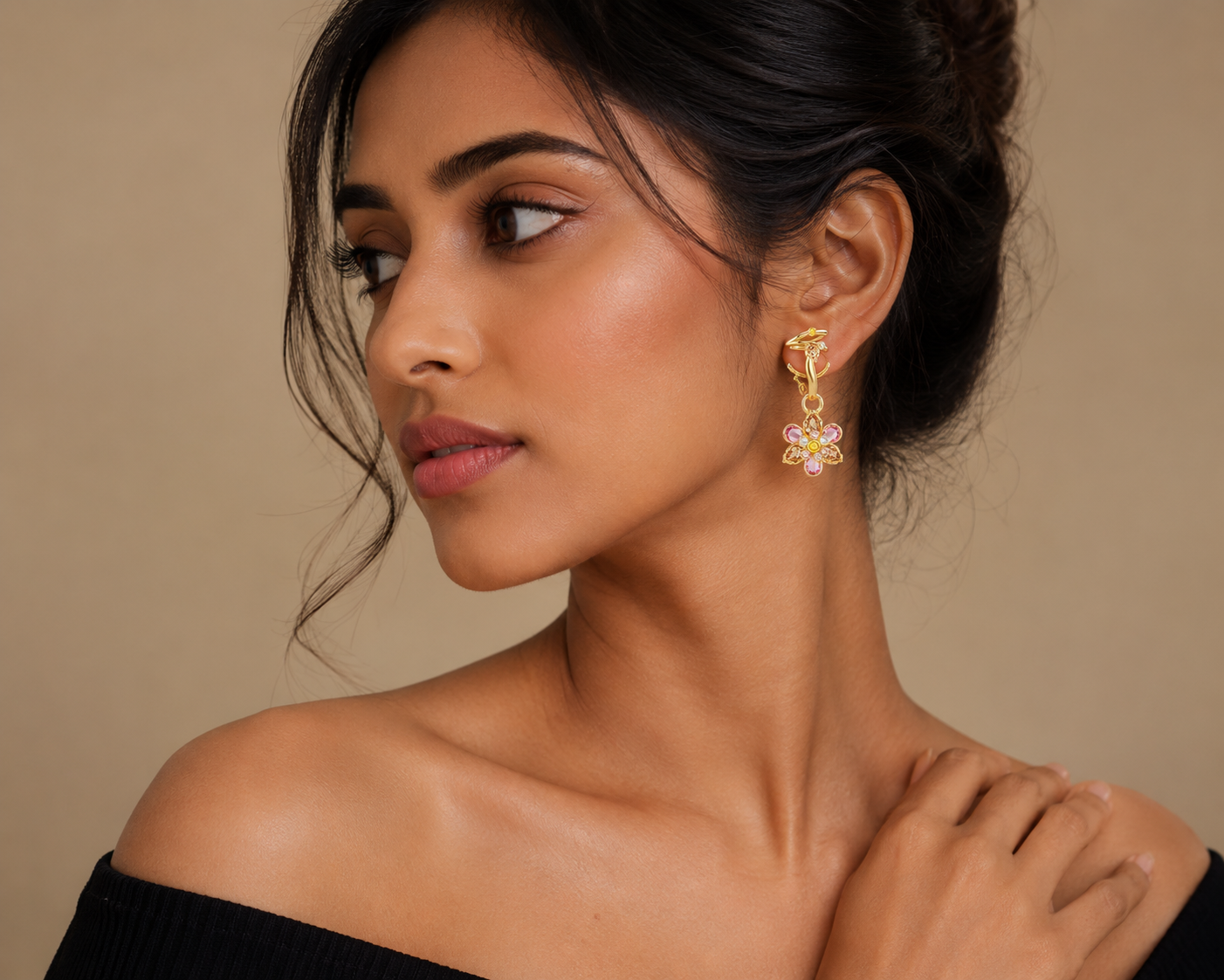 Multicoloured Floral Crystal Earrings Set – Gold Finish