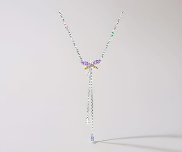 Dragonfly Crystal Y Necklace with Rhodium Plated Finish