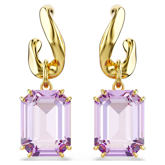 Purple Octagon Cut Crystal Drop Earrings – Gold Finish