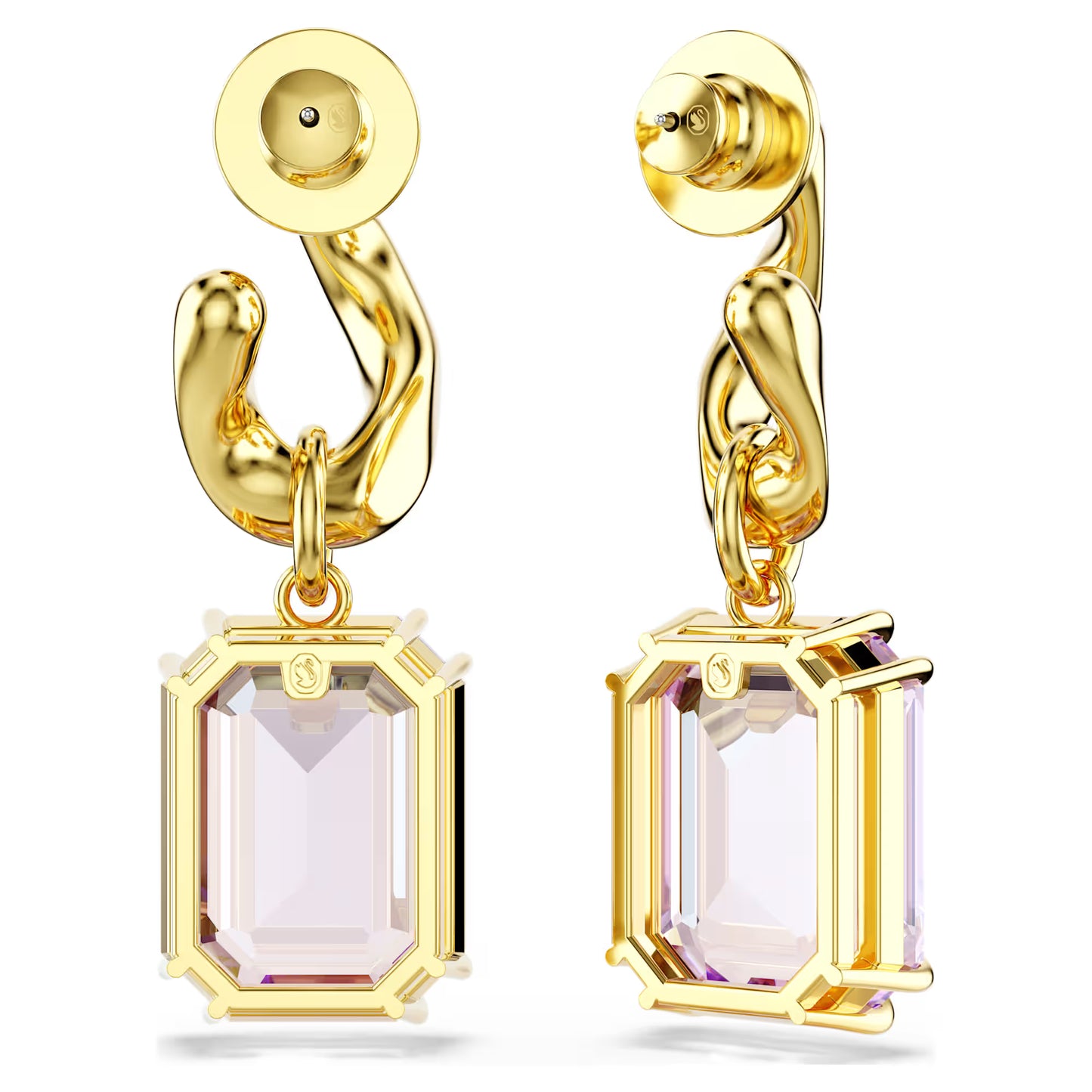 Purple Octagon Cut Crystal Drop Earrings – Gold Finish