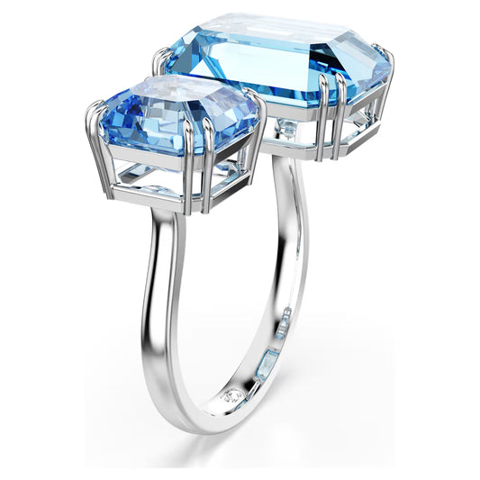 Blue Octagon Cut Open Crystal Ring – Rhodium Plated
