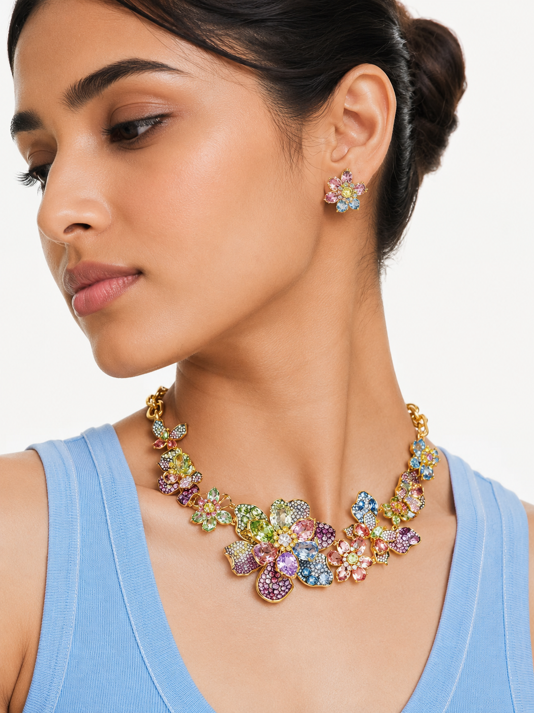 Multicoloured Pavé Floral Crystal Necklace – Gold Finish