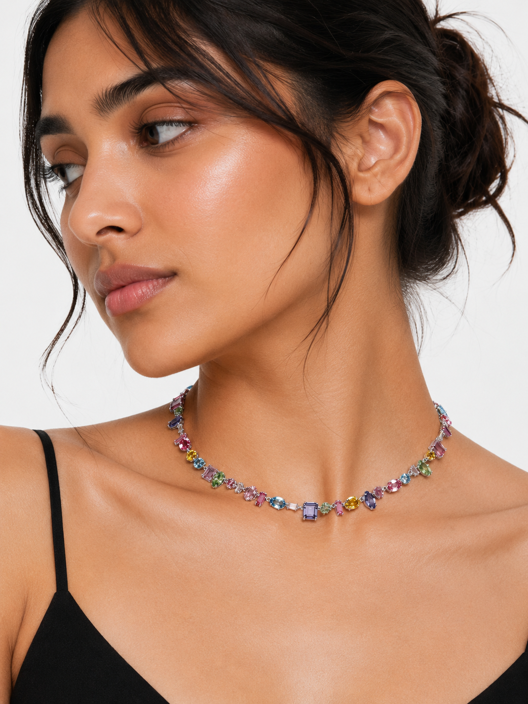 Multicoloured Mixed Cut Crystal Necklace – Rhodium Plated