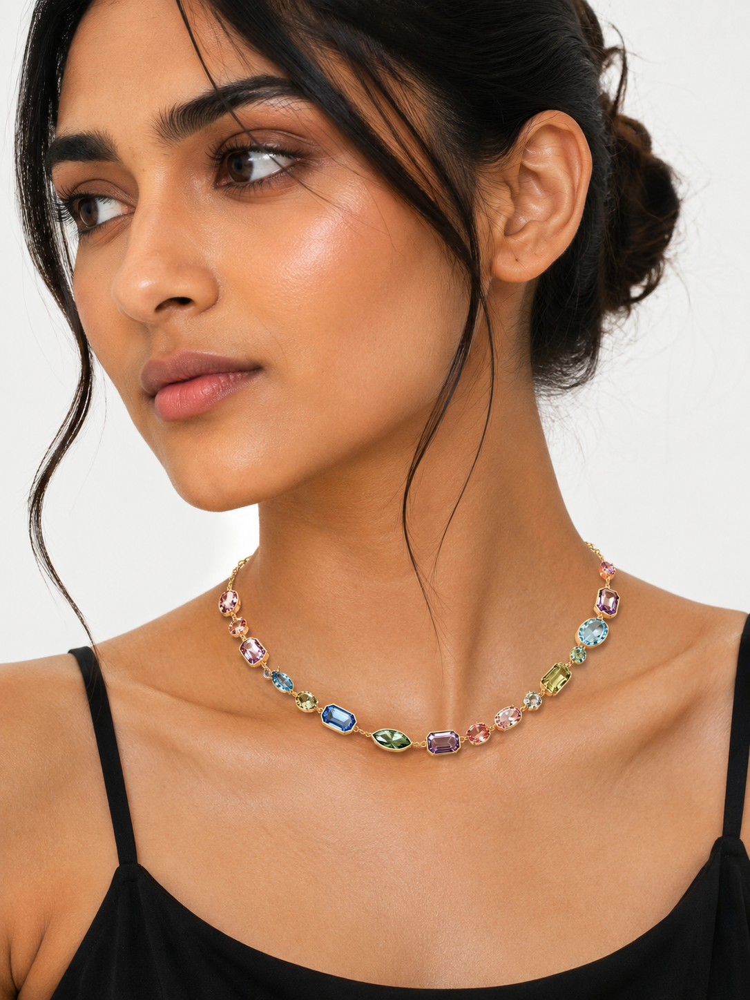 Multicoloured Mixed Cut Statement Crystal Necklace – Gold Finish