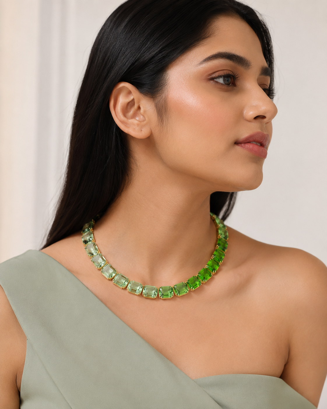 Green Gradient Octagon Cut Crystal Necklace – Gold Finish
