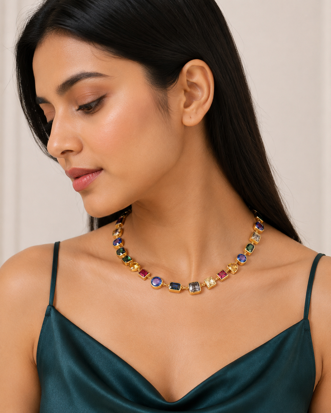 Multicoloured Mixed Cut Crystal Necklace – Gold Finish