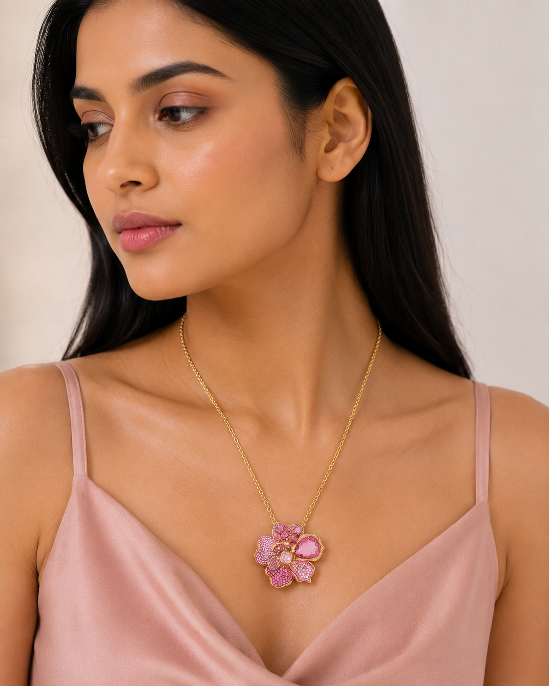 Floral Pink Crystal Pendant & Brooch
