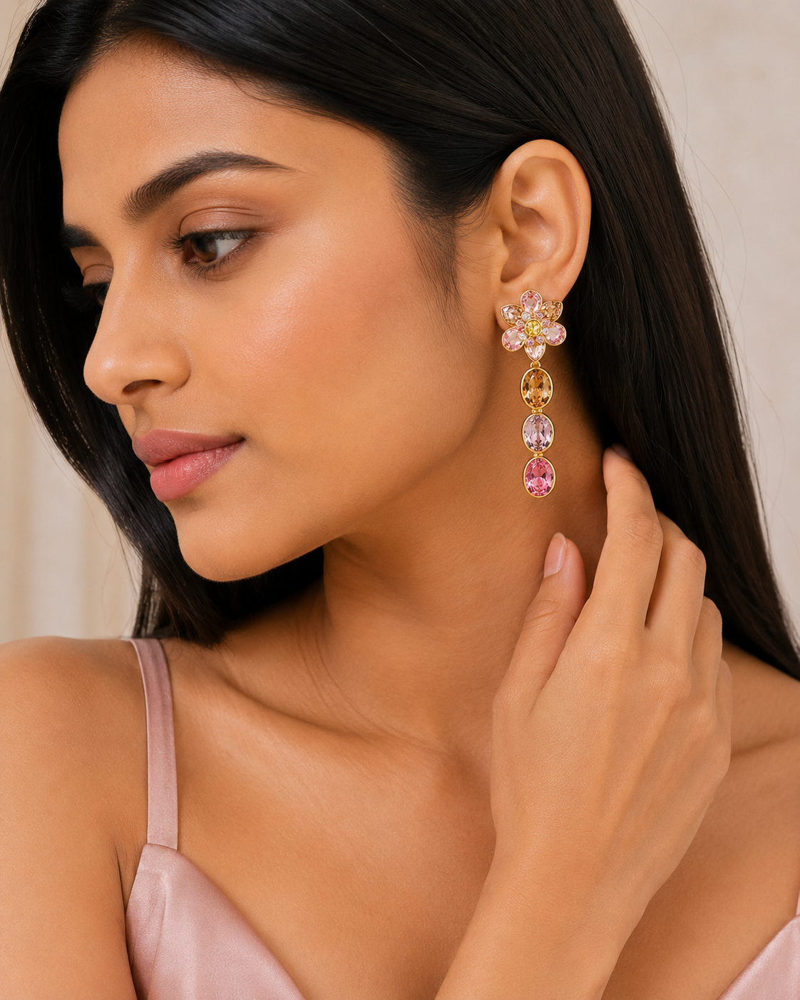 Floral Crystal Drop Earrings – Multicoloured Gold Finish