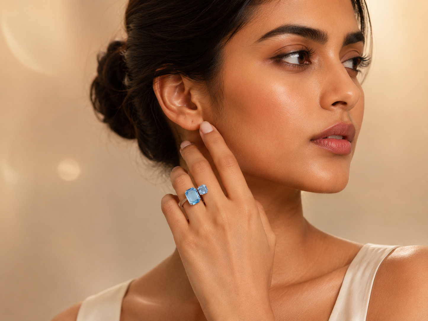 Blue Octagon Cut Open Crystal Ring – Rhodium Plated