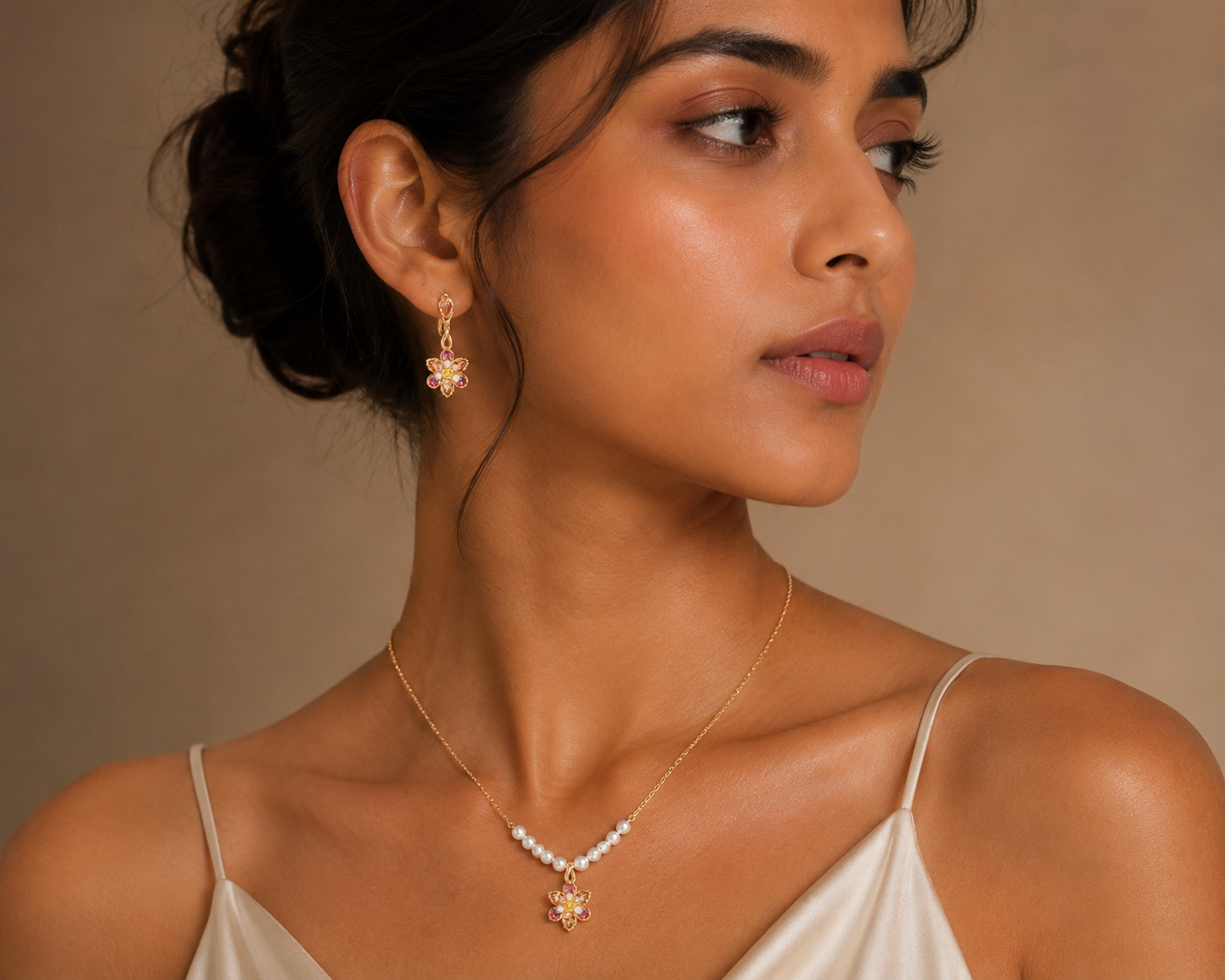 Multicoloured Floral Crystal & Pearl Pendant Necklace – Gold Finish