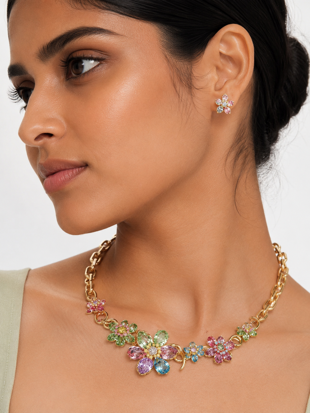 Multicoloured Floral Crystal Necklace – Gold Finish