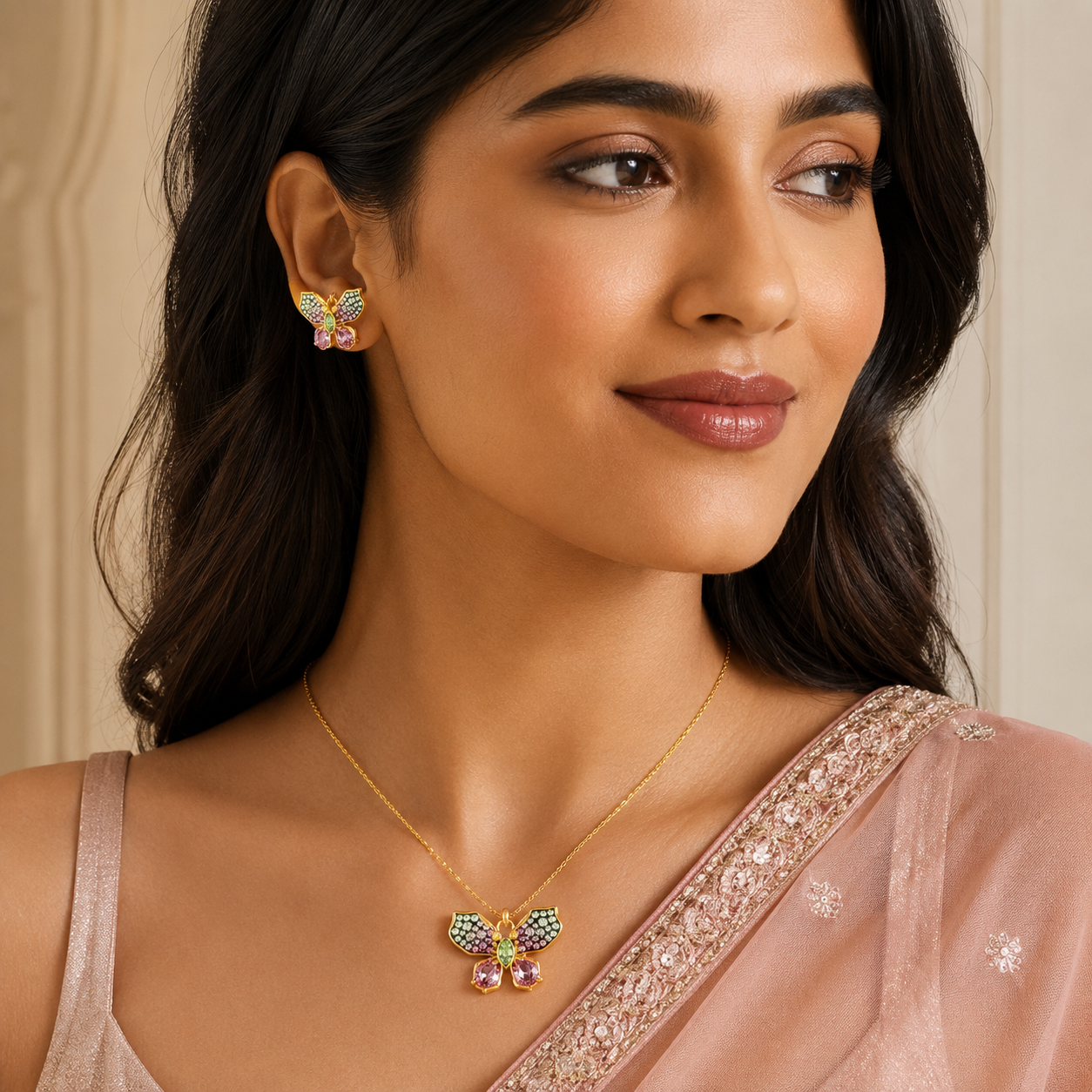 Butterfly Crystal Pendant Necklace – Multicolor Gold Finish