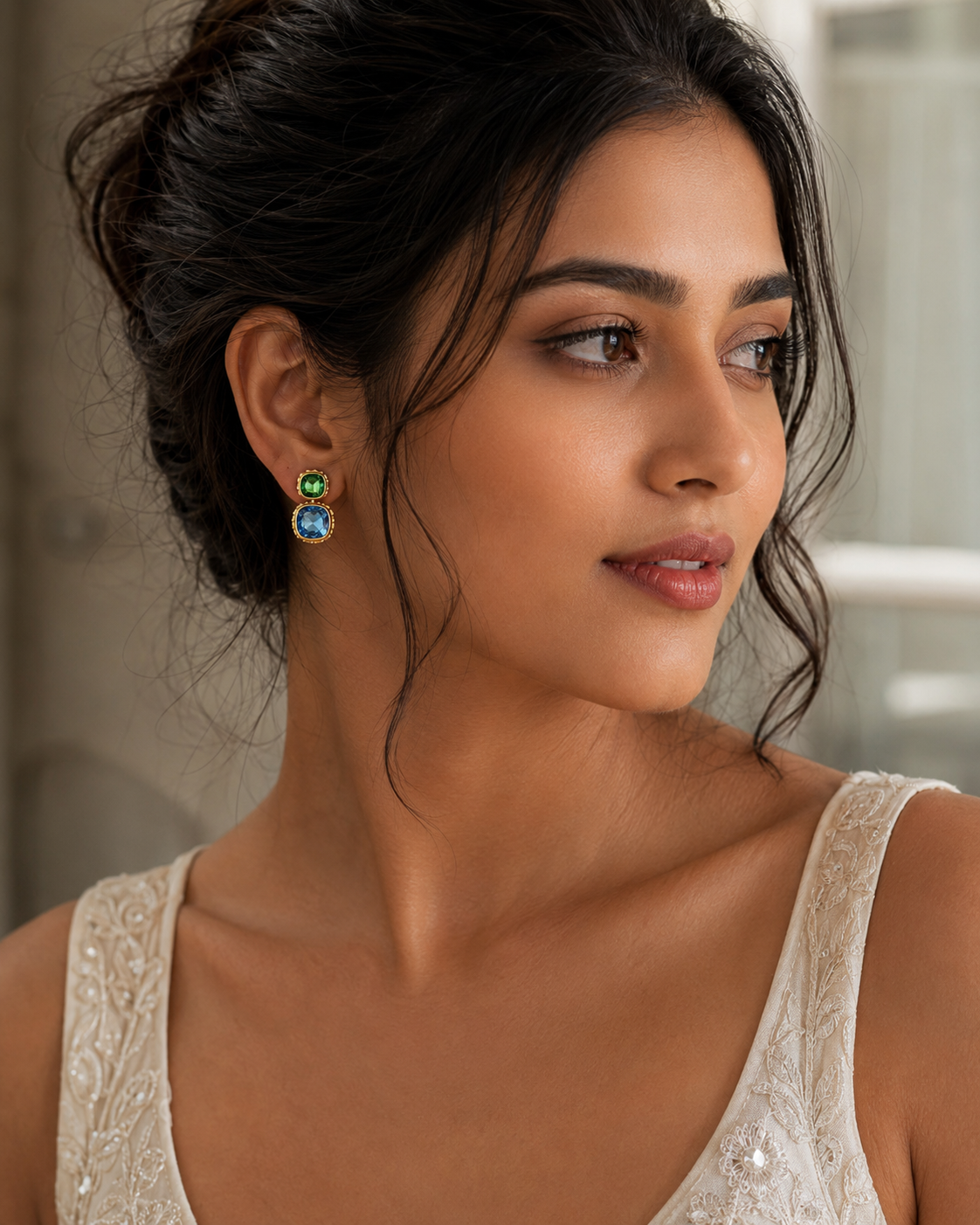 Multicoloured Cushion Cut Crystal Drop Earrings – Gold Finish