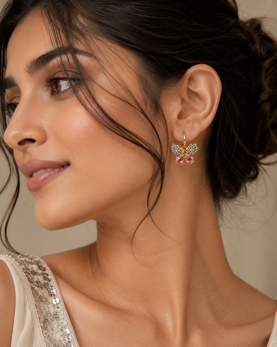 Multicoloured Butterfly Crystal Drop Earrings – Gold Finish