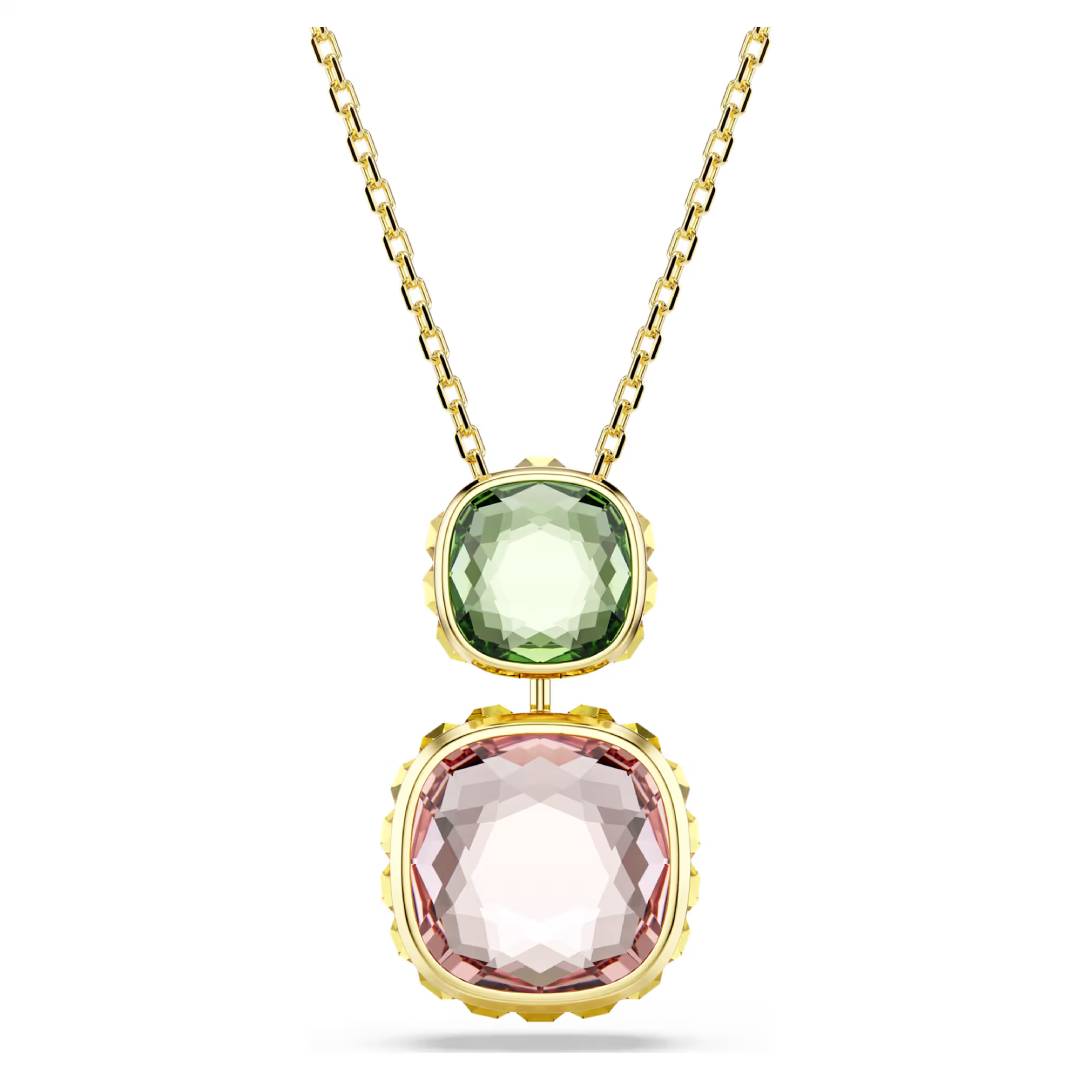 Radiant Cushion Cut Crystal Pendant Necklace – Multicolor Gold Finish