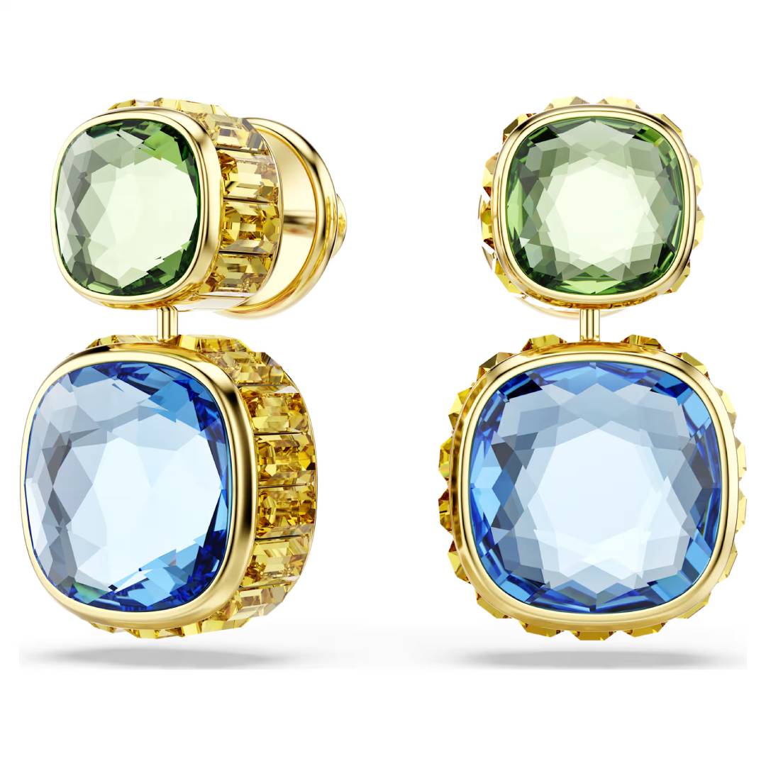 Multicoloured Cushion Cut Crystal Drop Earrings – Gold Finish