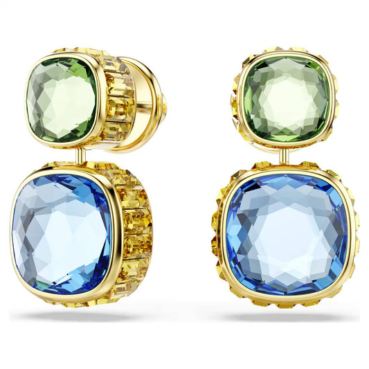 Multicoloured Cushion Cut Crystal Drop Earrings – Gold Finish