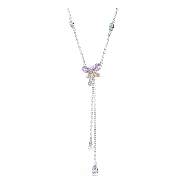 Dragonfly Crystal Y Necklace with Rhodium Plated Finish