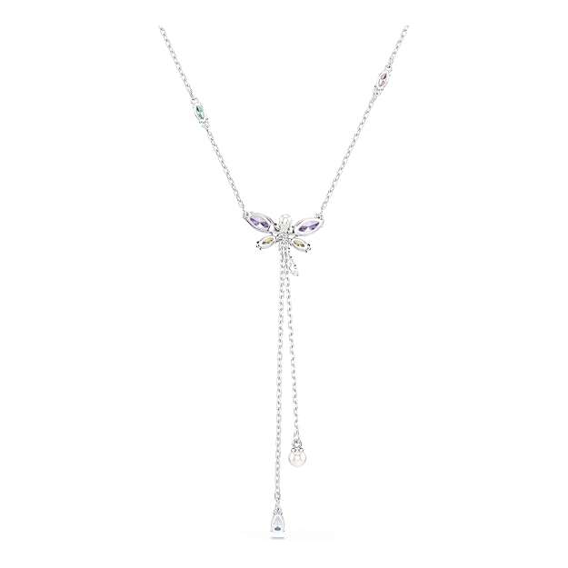 Dragonfly Crystal Y Necklace with Rhodium Plated Finish