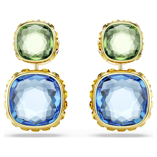 Multicoloured Cushion Cut Crystal Drop Earrings – Gold Finish