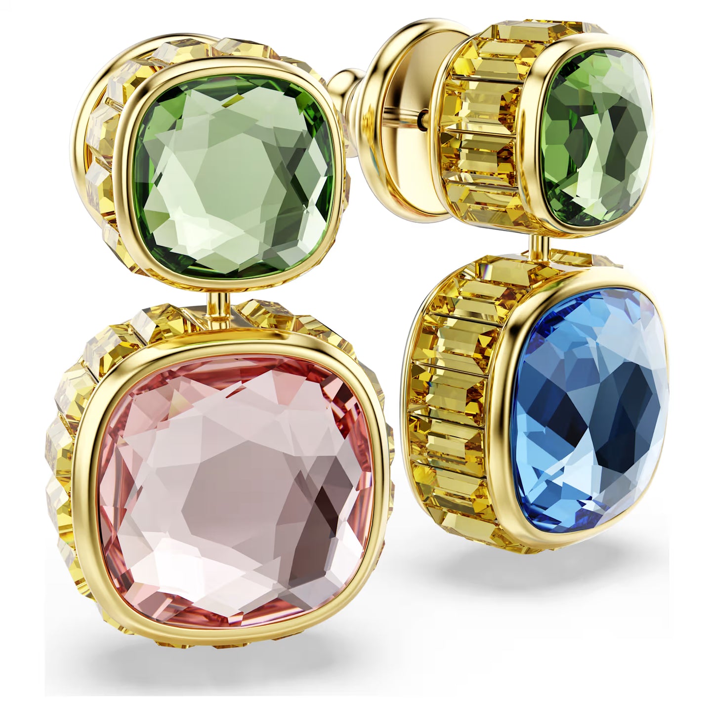 Multicoloured Cushion Cut Crystal Drop Earrings – Gold Finish