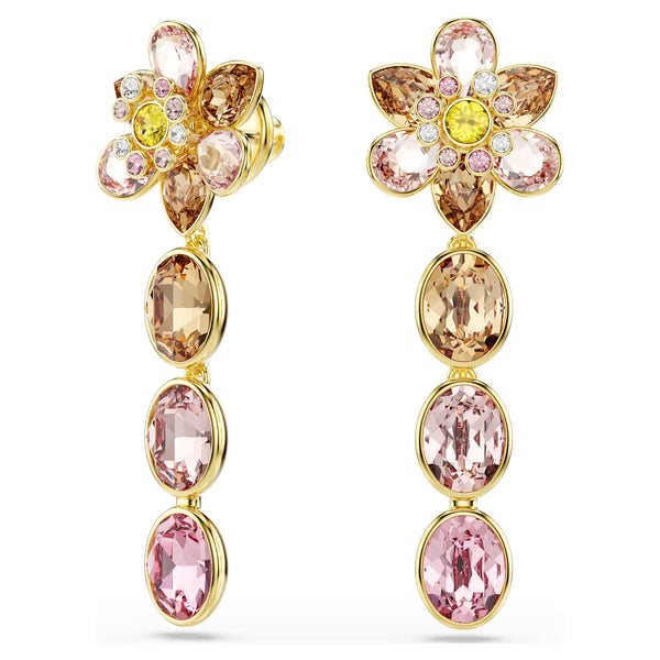 Multicoloured Floral Crystal Drop Earrings – Gold Finish