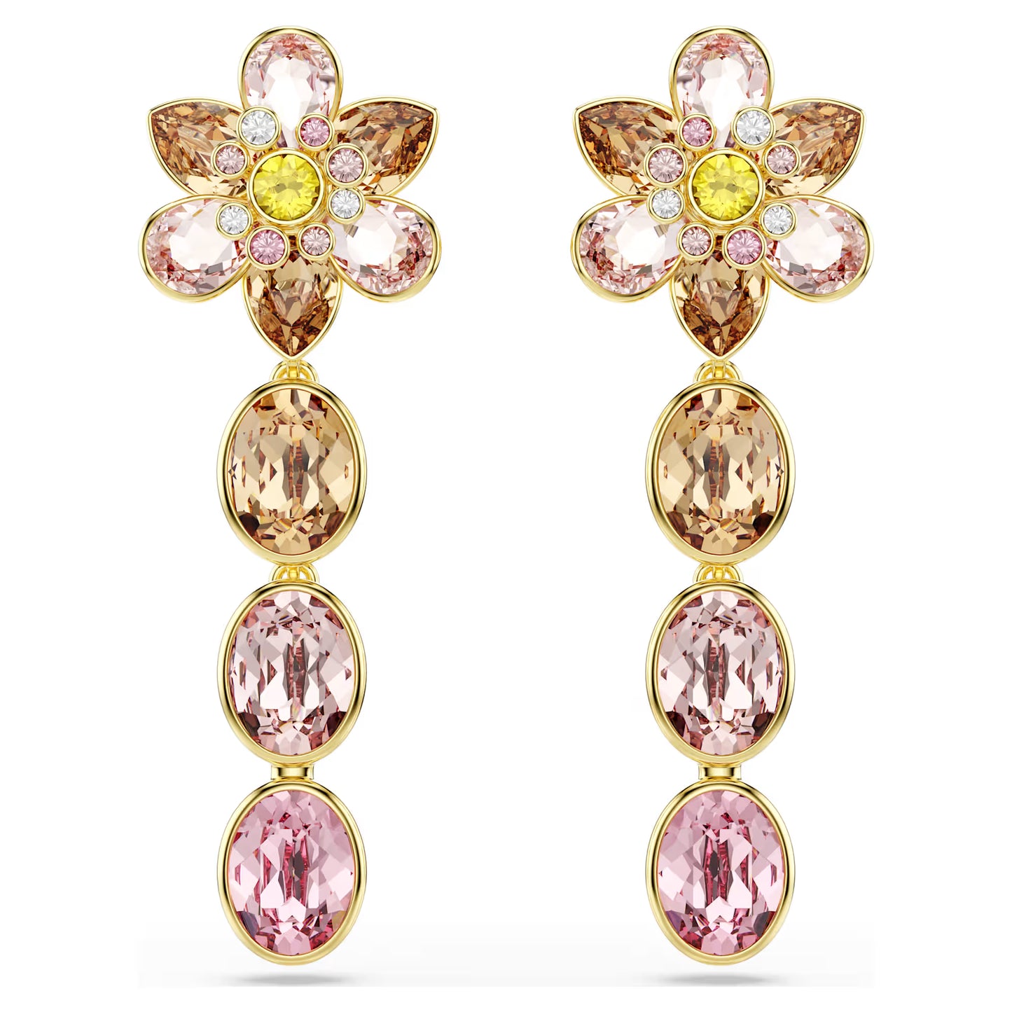 Multicoloured Floral Crystal Drop Earrings – Gold Finish