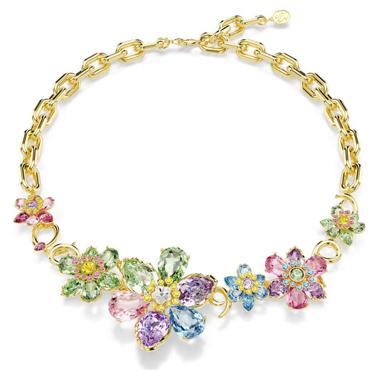 Multicoloured Floral Crystal Necklace – Gold Finish