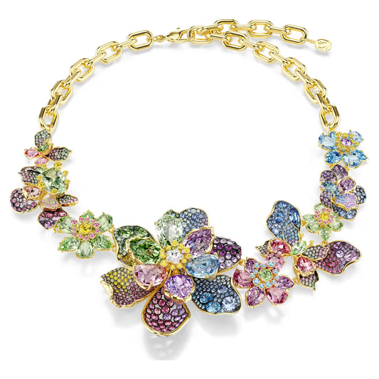 Multicoloured Pavé Floral Crystal Necklace – Gold Finish