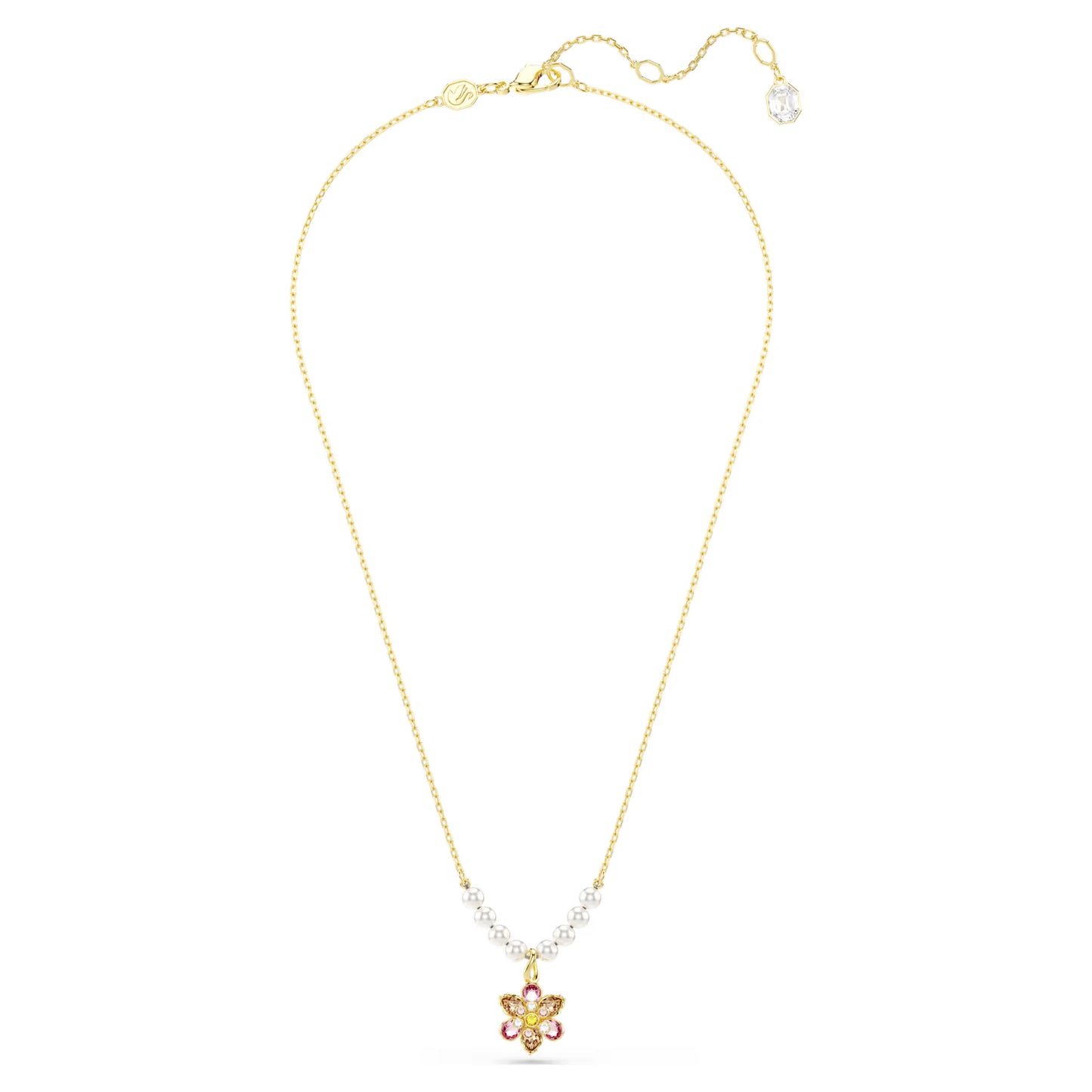 Multicoloured Floral Crystal & Pearl Pendant Necklace – Gold Finish