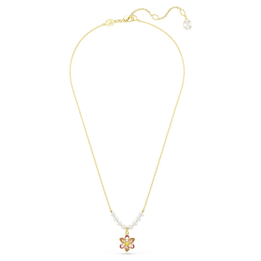 Multicoloured Floral Crystal & Pearl Pendant Necklace – Gold Finish