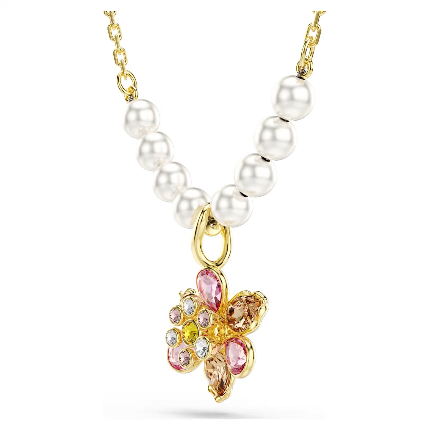 Multicoloured Floral Crystal & Pearl Pendant Necklace – Gold Finish