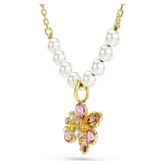 Multicoloured Floral Crystal & Pearl Pendant Necklace – Gold Finish