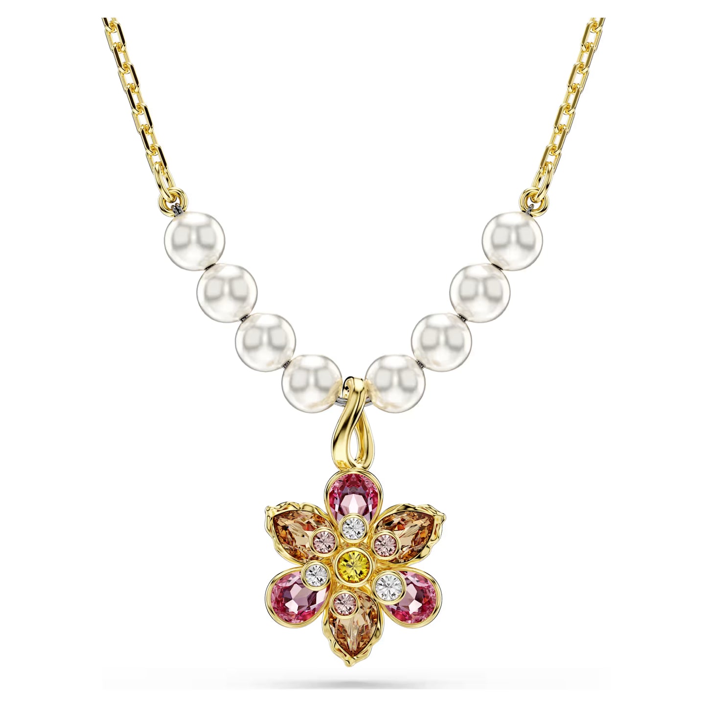 Multicoloured Floral Crystal & Pearl Pendant Necklace – Gold Finish