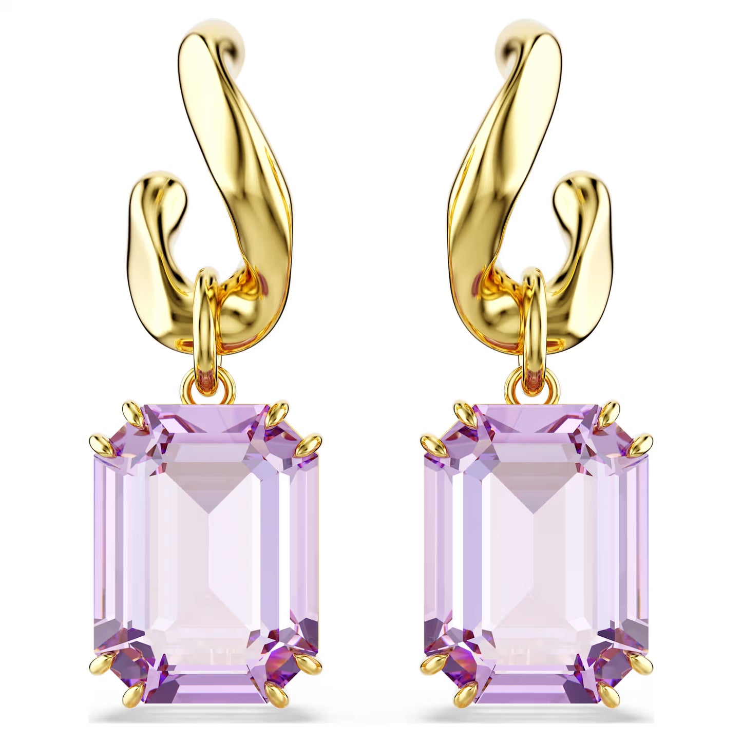 Purple Octagon Cut Crystal Drop Earrings – Gold Finish