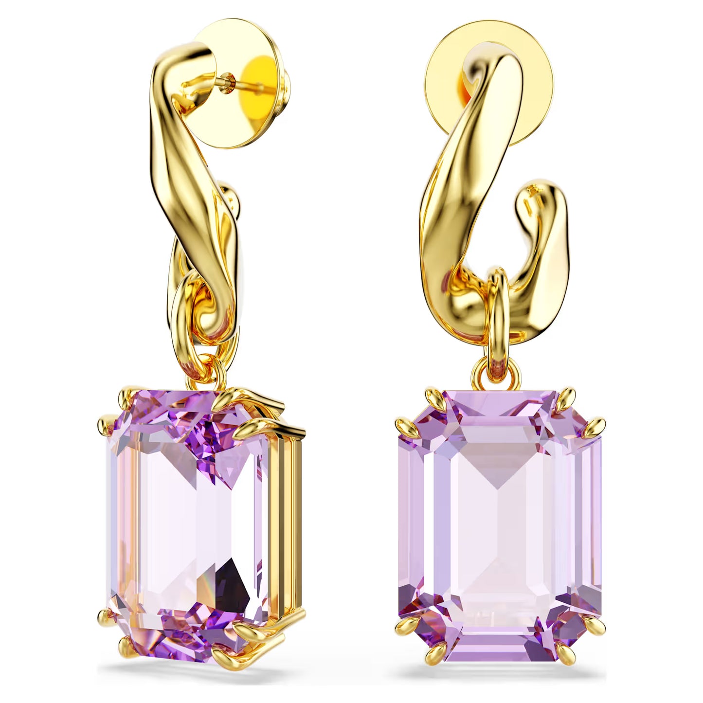 Purple Octagon Cut Crystal Drop Earrings – Gold Finish