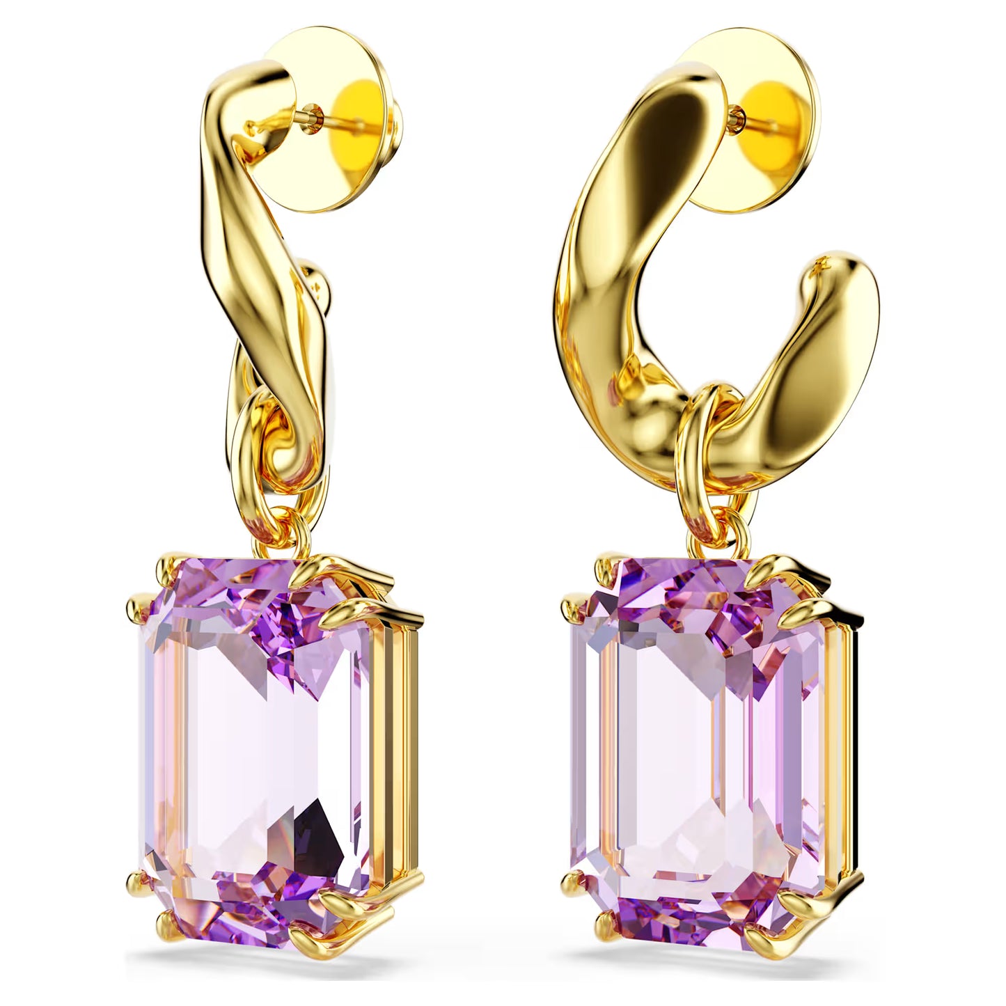 Purple Octagon Cut Crystal Drop Earrings – Gold Finish